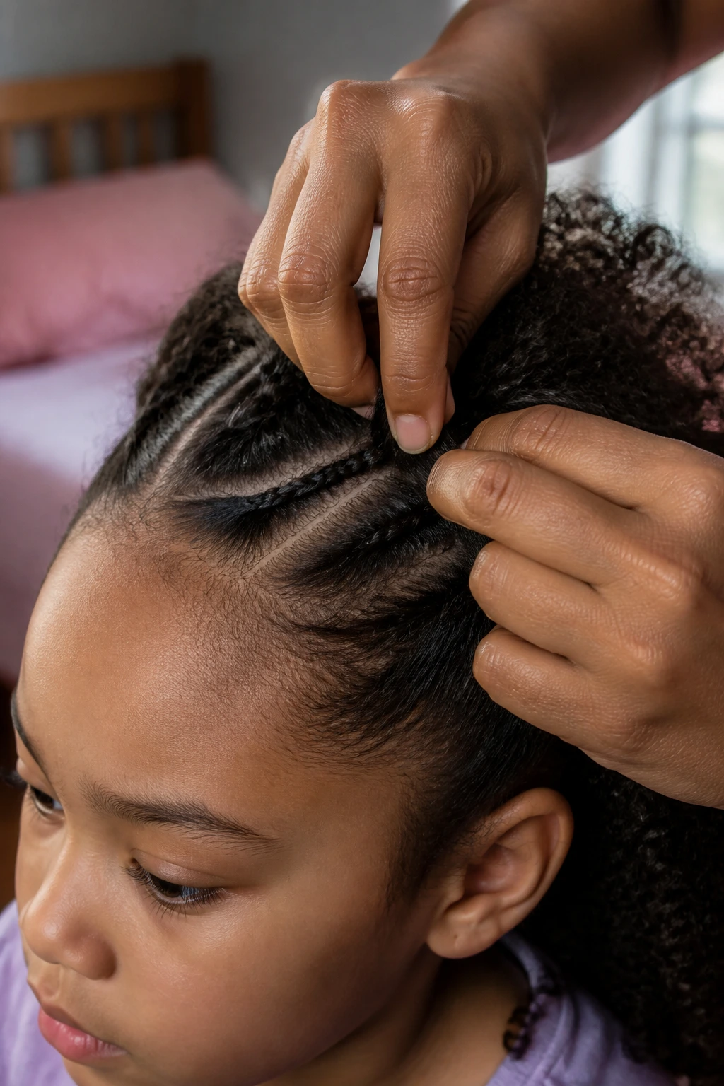 Hair being pulled too tight at the scalp to illustrate a braiding mistake