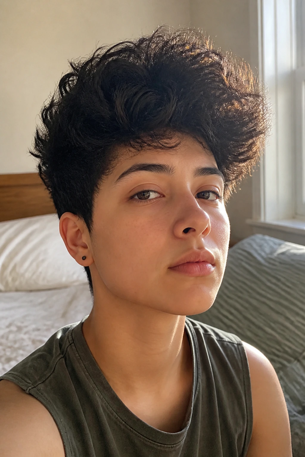 Close-up of a real person with thick hair in a softly lit morning setting.