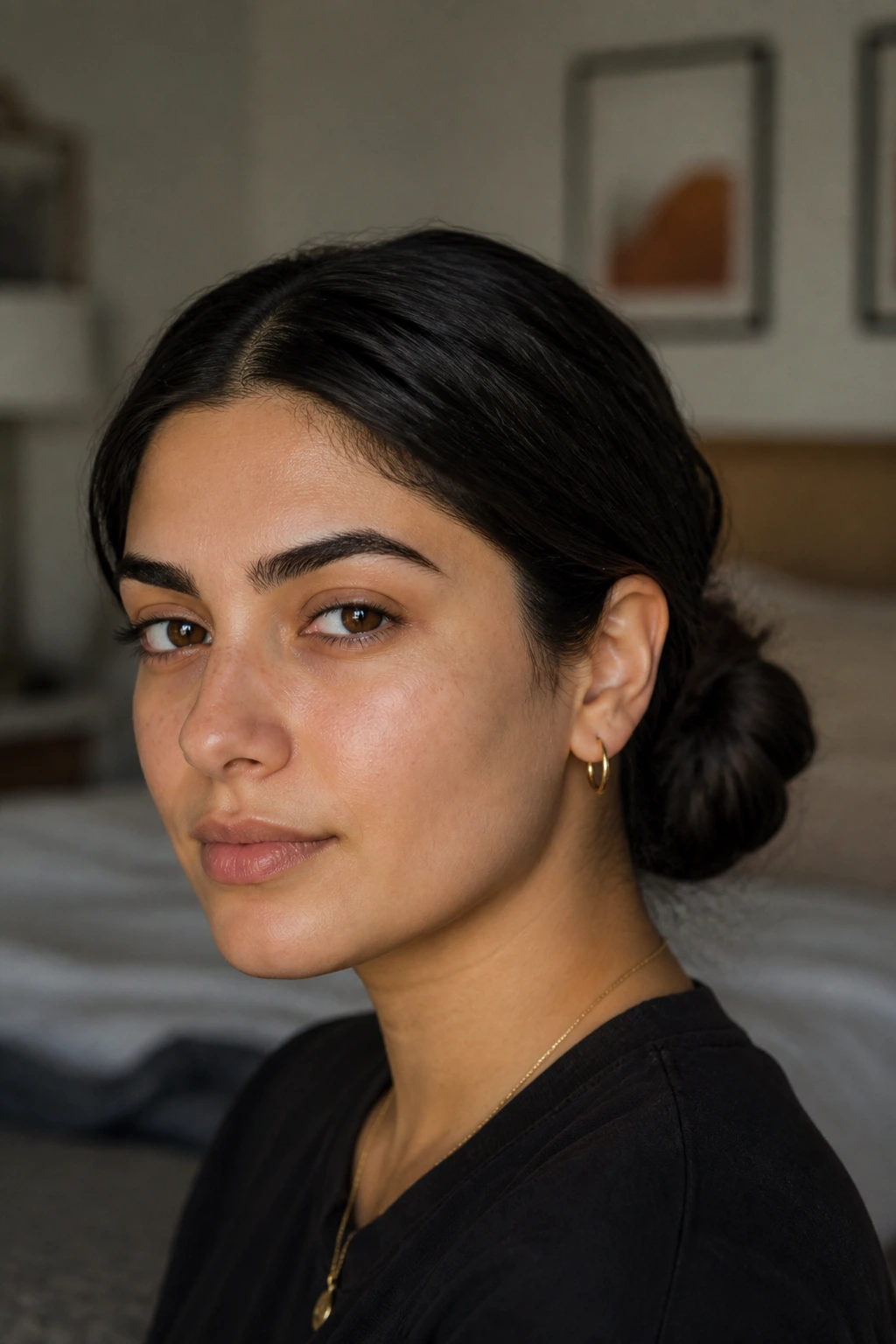 Close-up portrait of a real person with thick hair in a center-part low bun