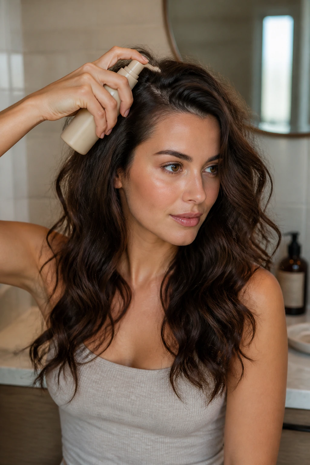 Woman applying hair product to thick waves on a bathroom vanity