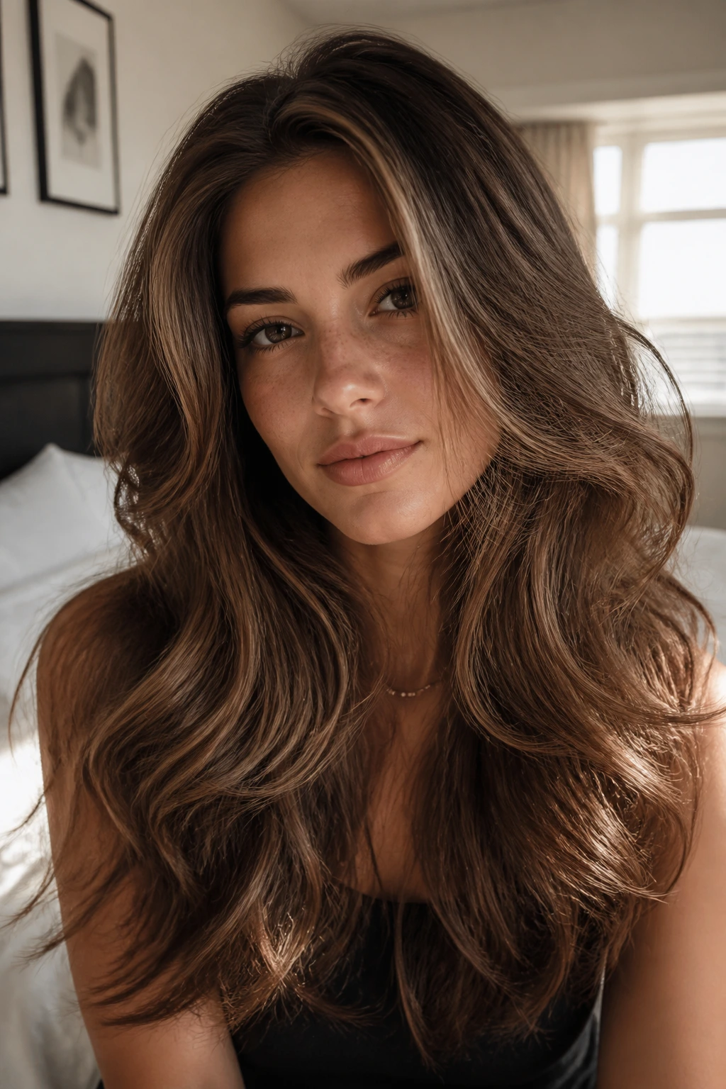 Close-up portrait of a real woman with thick hair showing movement in natural light