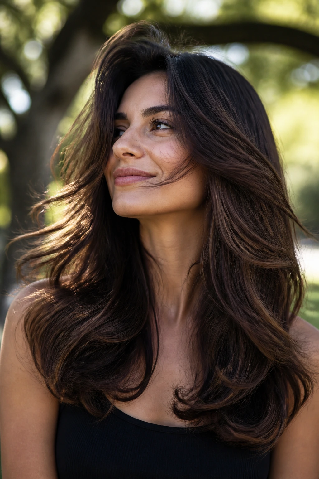 Close-up of a real woman with thick layered hair moving in breeze, showing movement and volume