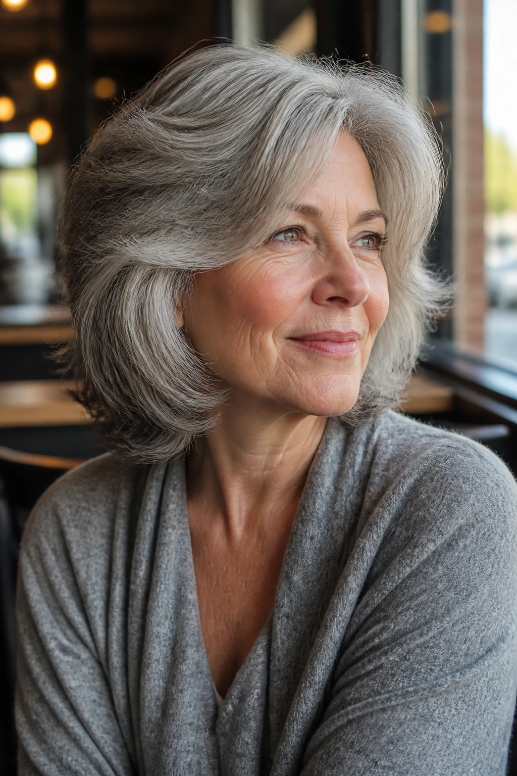 Portrait of a real woman with movement-friendly thick hair framing the face in warm light