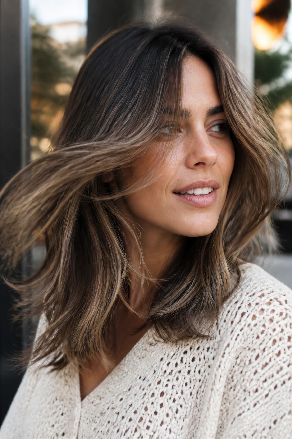 Real person with dynamic layered look (lob/shag) and babylights in motion