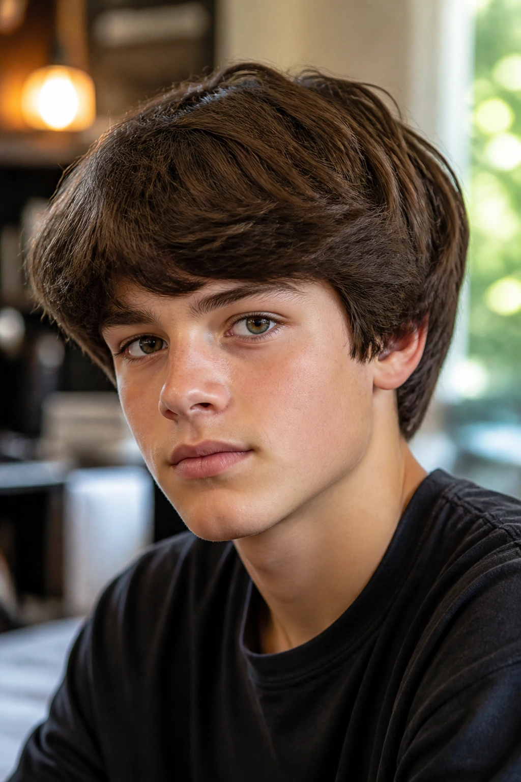 Close-up portrait of a real boy with thick hair styled in a pageboy silhouette