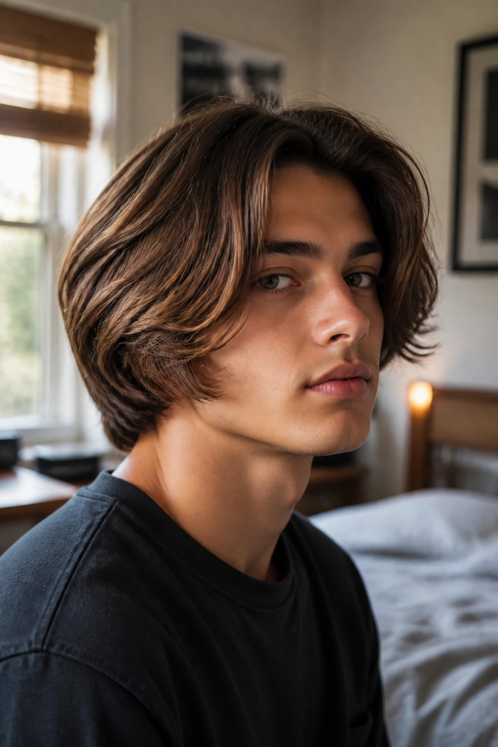Close-up portrait of a real person with thick hair styled in a pageboy silhouette, lit by natural window light