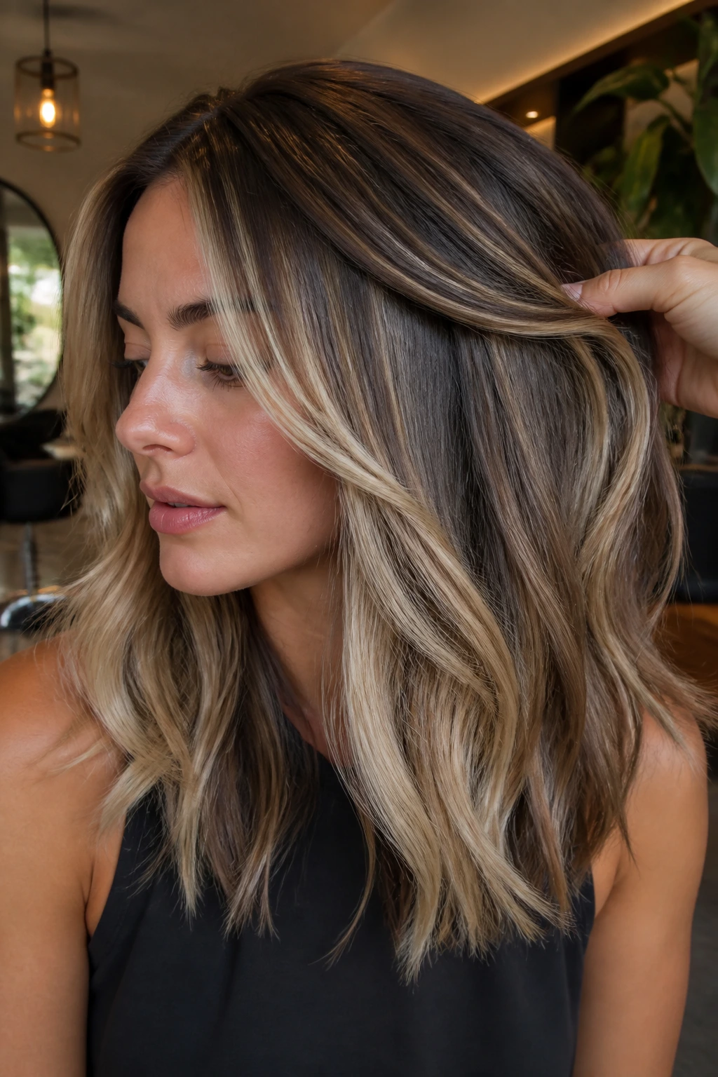 Close-up of thick hair with panel-light balayage for depth