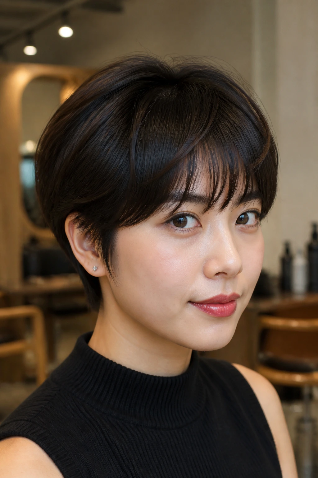 Portrait of a woman with thick-hair pixie showing internal layers and bangs