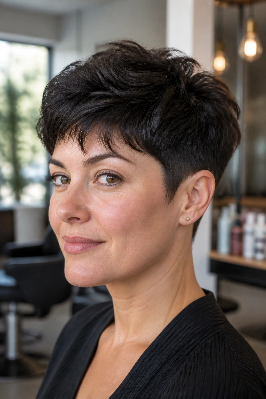 Real woman with thick pixie-length hair showing crown volume and behind-ear bulk.