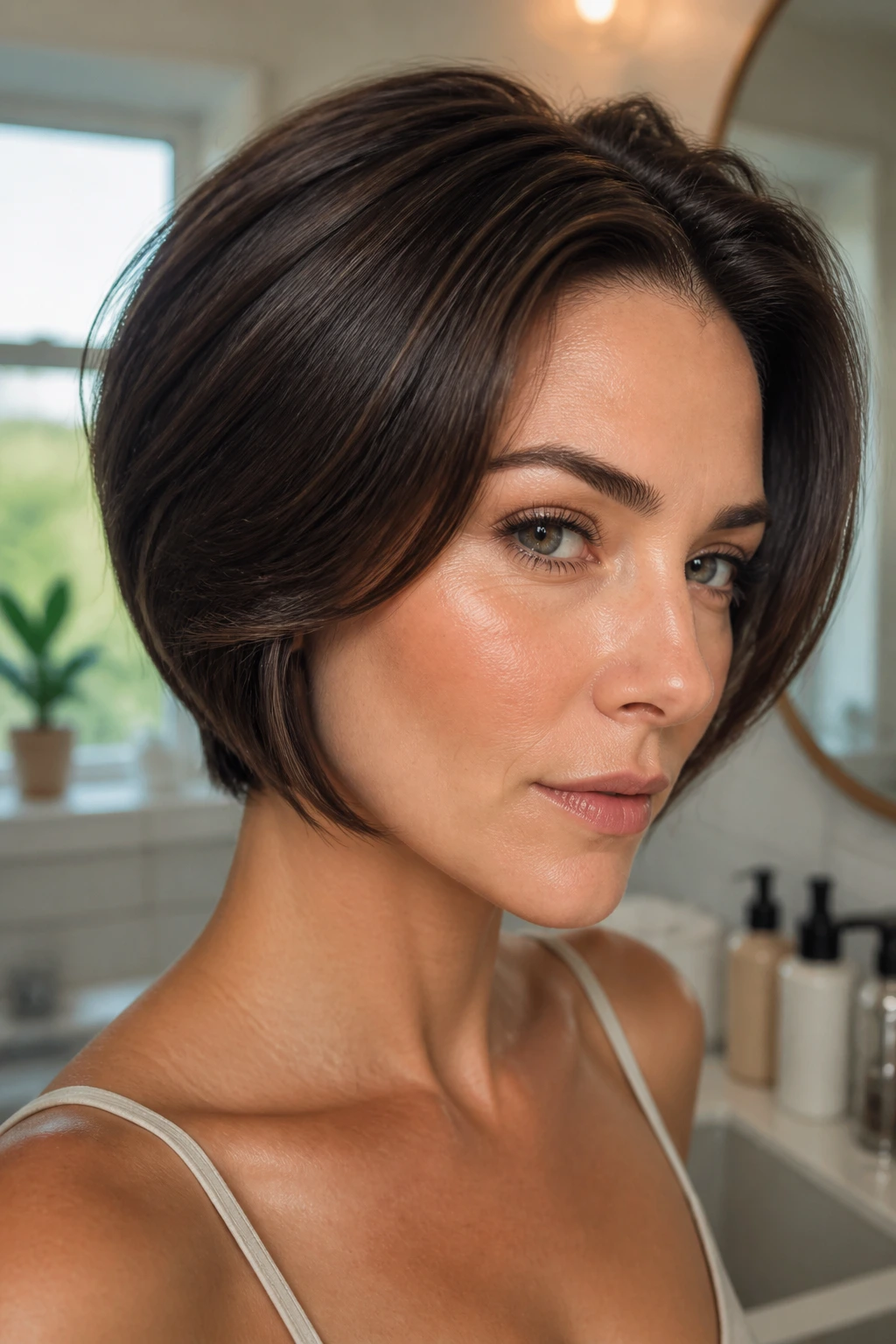 Close-up portrait of a real person with polished thick short hair under warm window light.