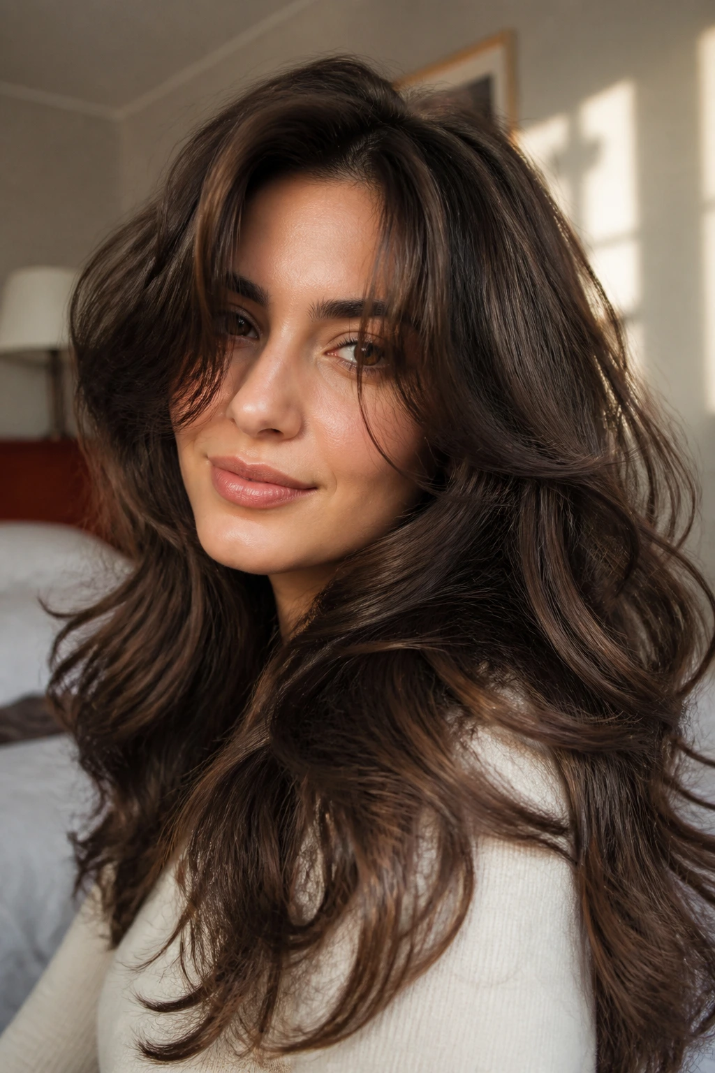 Close-up portrait of thick hair with curtain bangs in warm window light