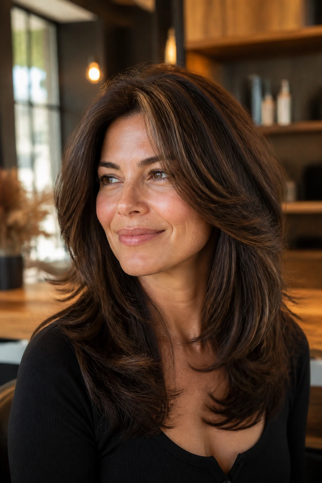 Close-up of a real woman with thick, balanced haircut showing perimeter weight in natural window light