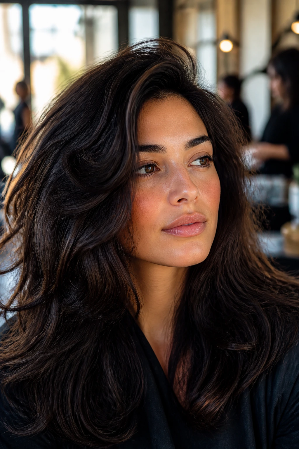 Close-up portrait of a real woman with thick hair on an oval face in a warm salon.
