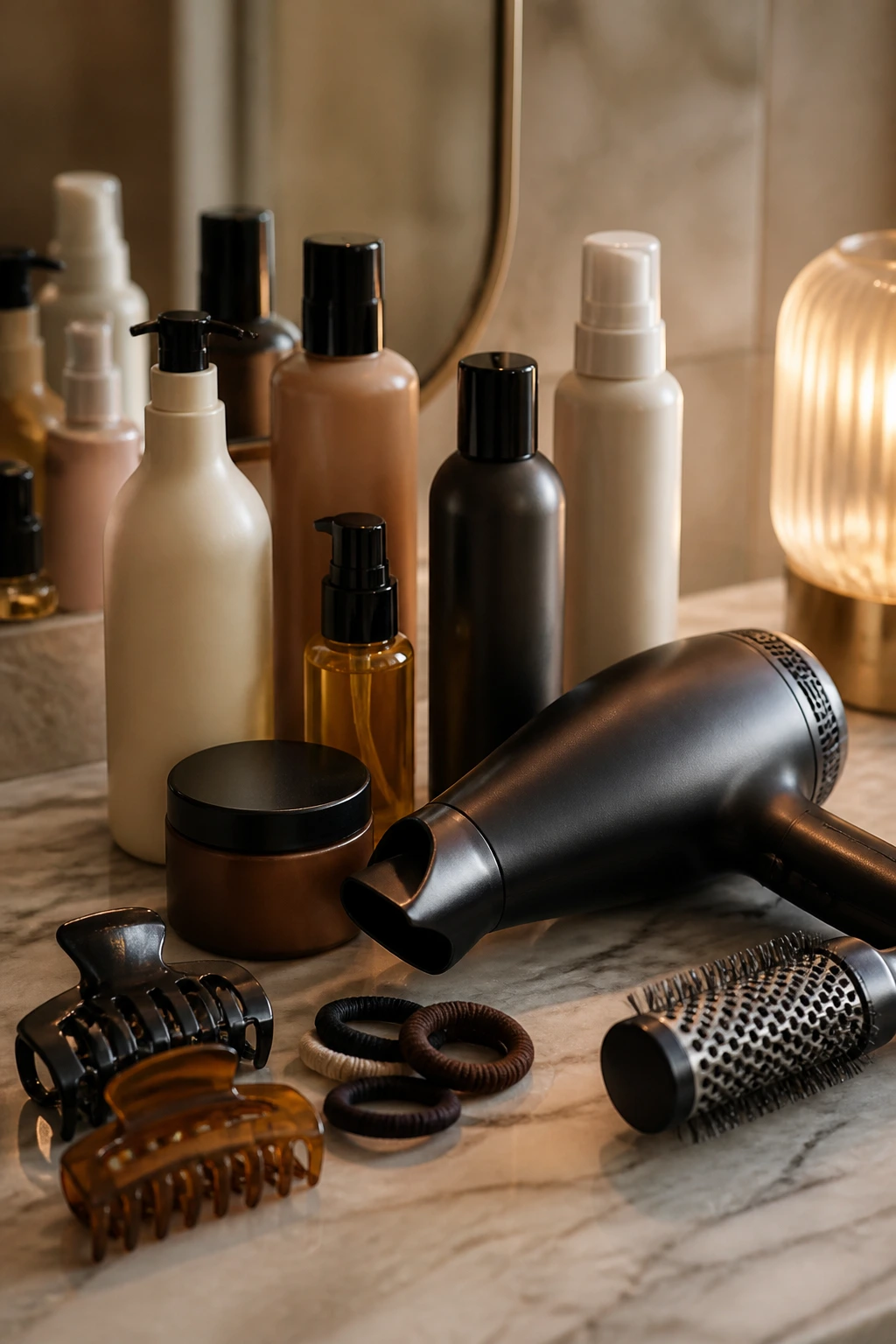 Close-up still-life of unlabeled thick-hair products and a dryer on a vanity