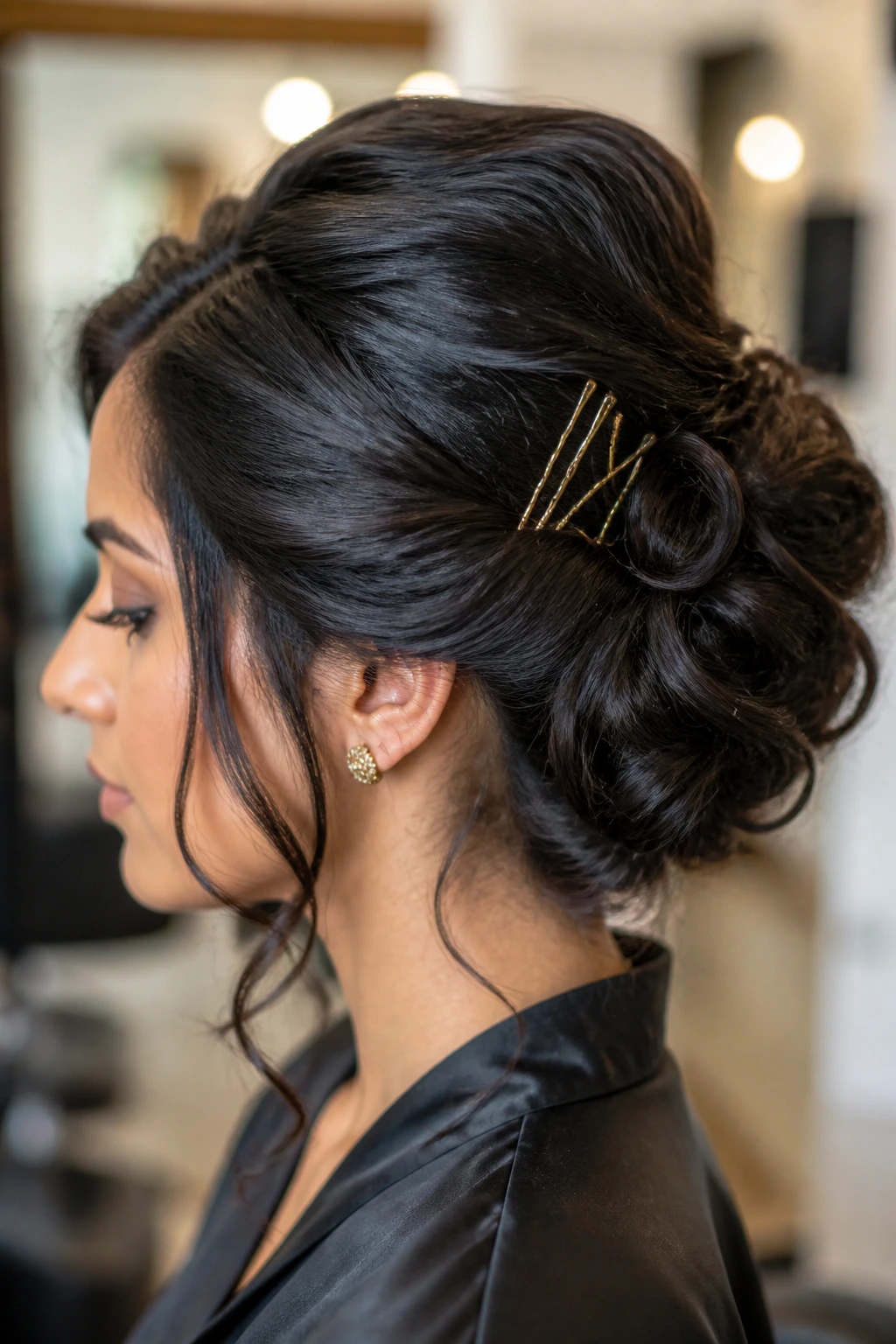 Close-up of thick hair with pinned sections and texture in a salon