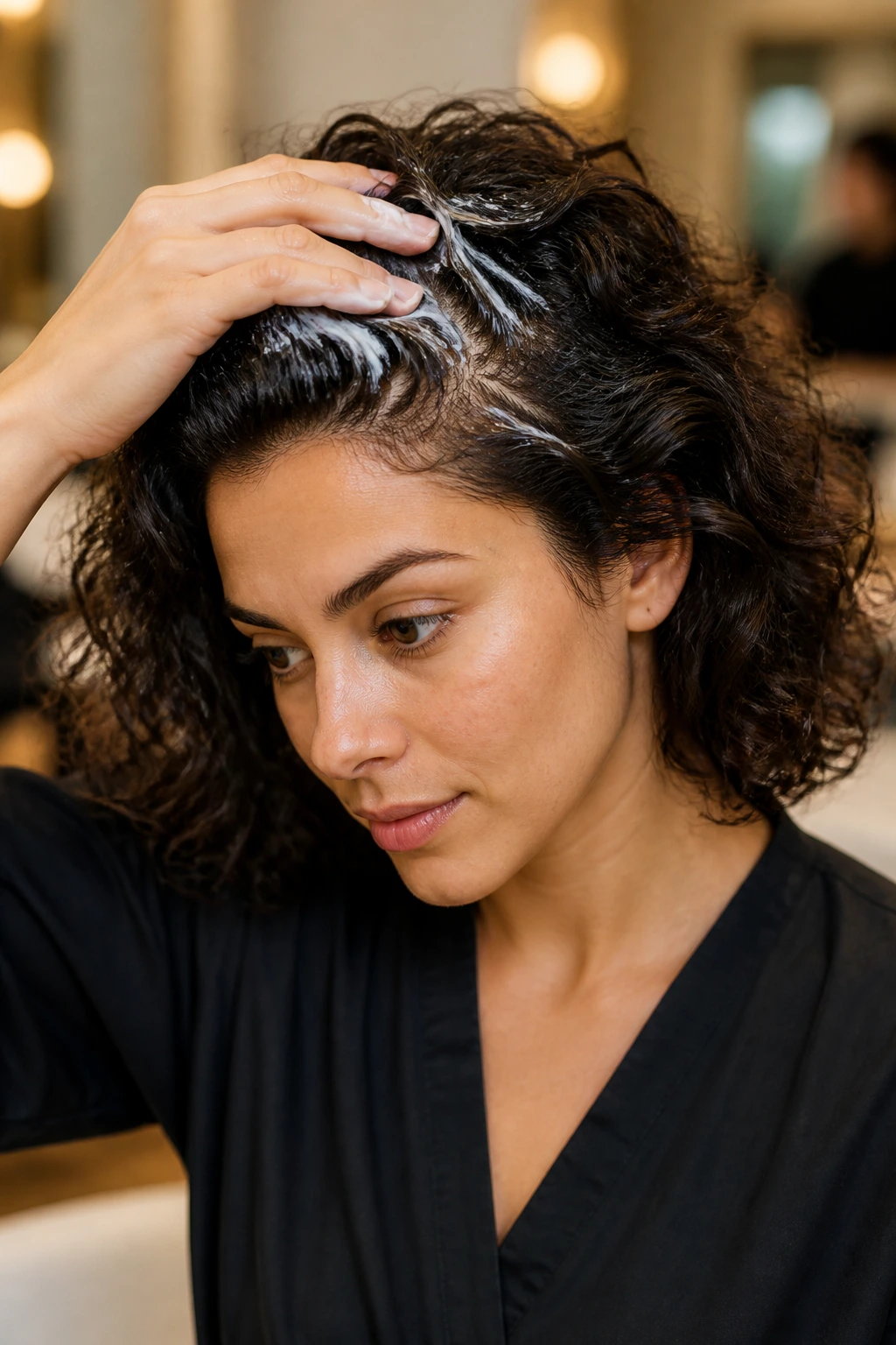 Close-up of hands applying smoothing product to thick hair on a real person.