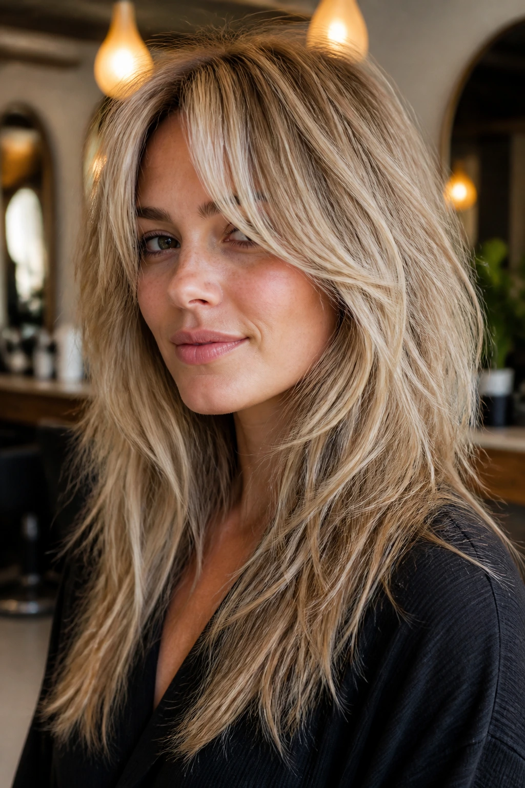 Close-up portrait of a real woman with thick hair razor shag and internal debulk
