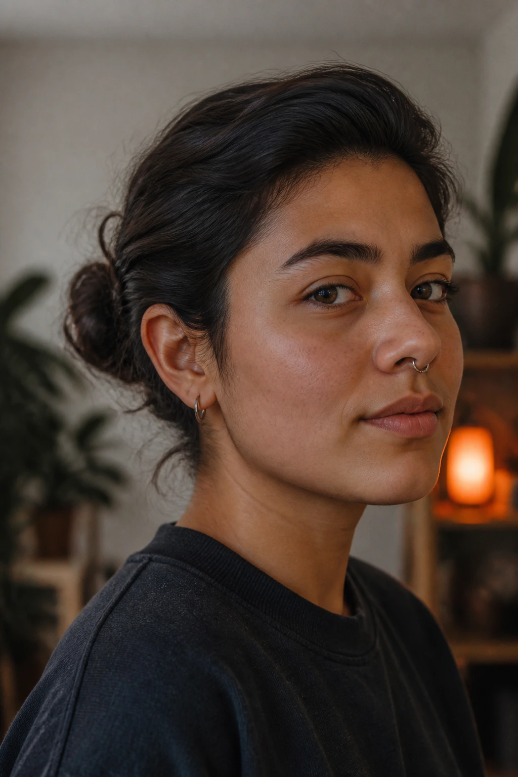 Portrait of a person with a tucked bun representing a simple thick-hair routine