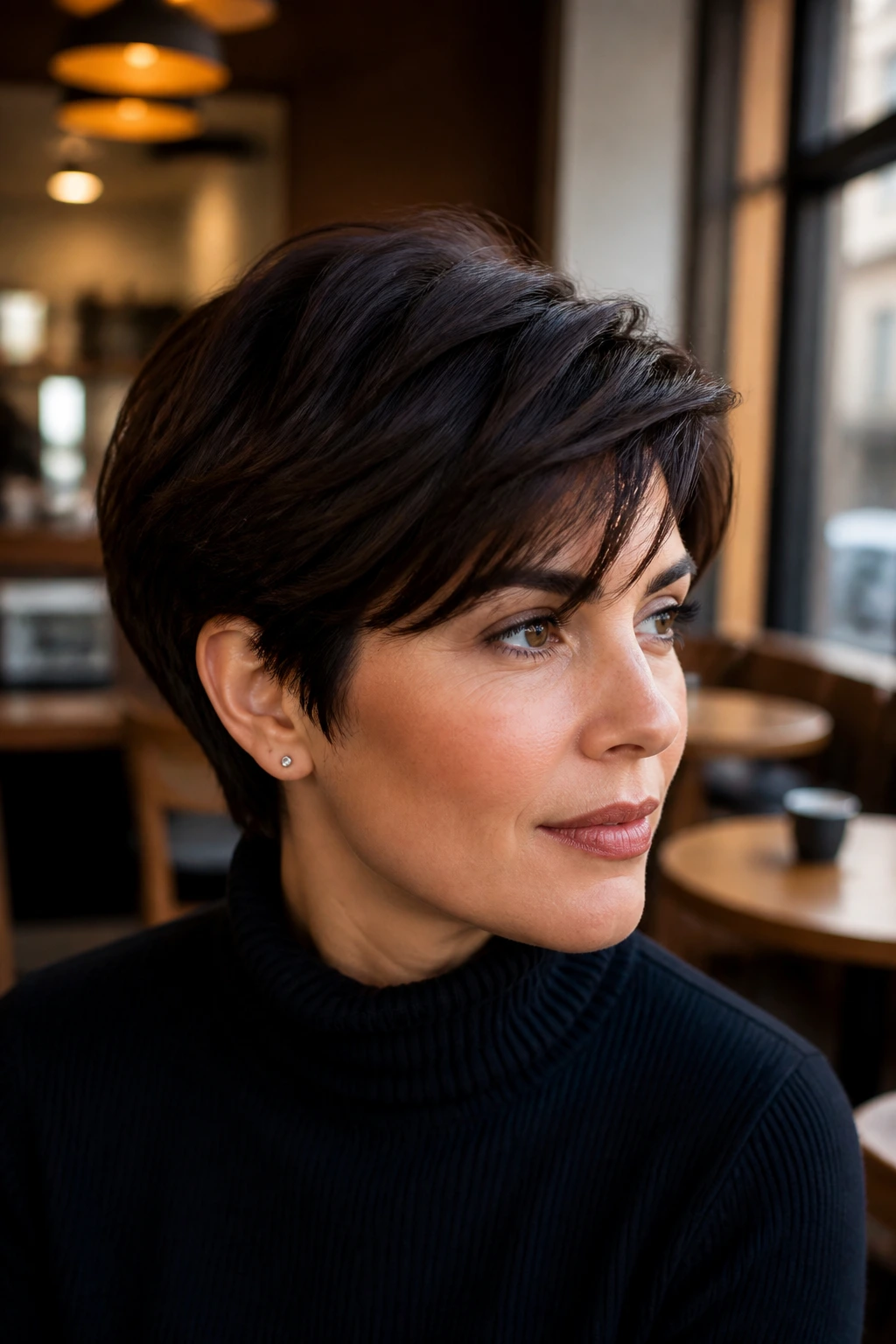 Close-up portrait of a real person with thick short hair in a deep brunette shade, showcasing defined shape and shine