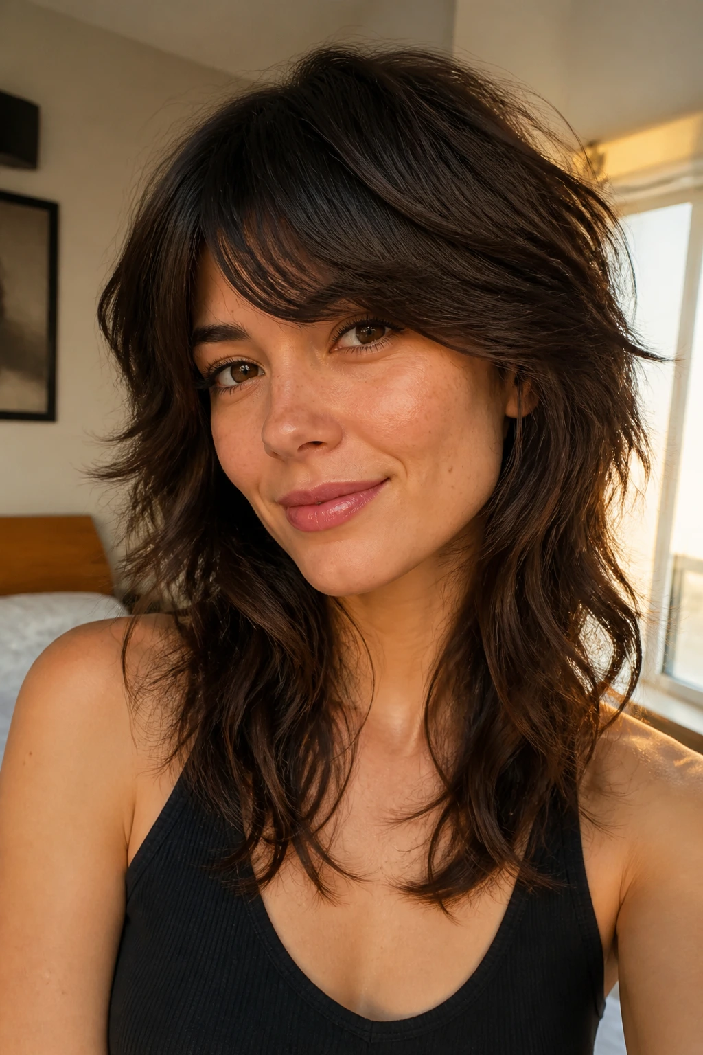 Close-up of a real woman with thick shag and cheekbone bangs framing her face