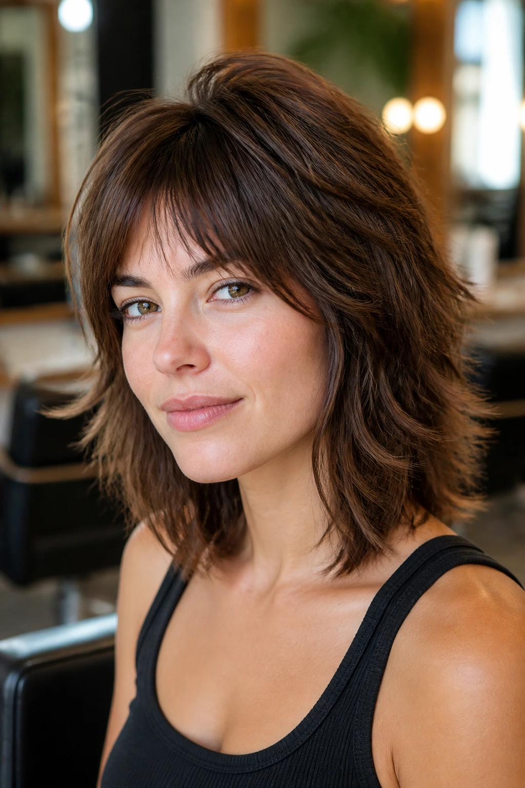Close-up of a woman with a debulked crown shag, weight removed at the crown while the perimeter stays full, in a salon.