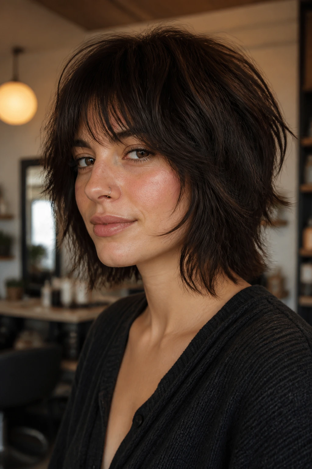 Close-up of a real person with thick-hair shag and internal debulking