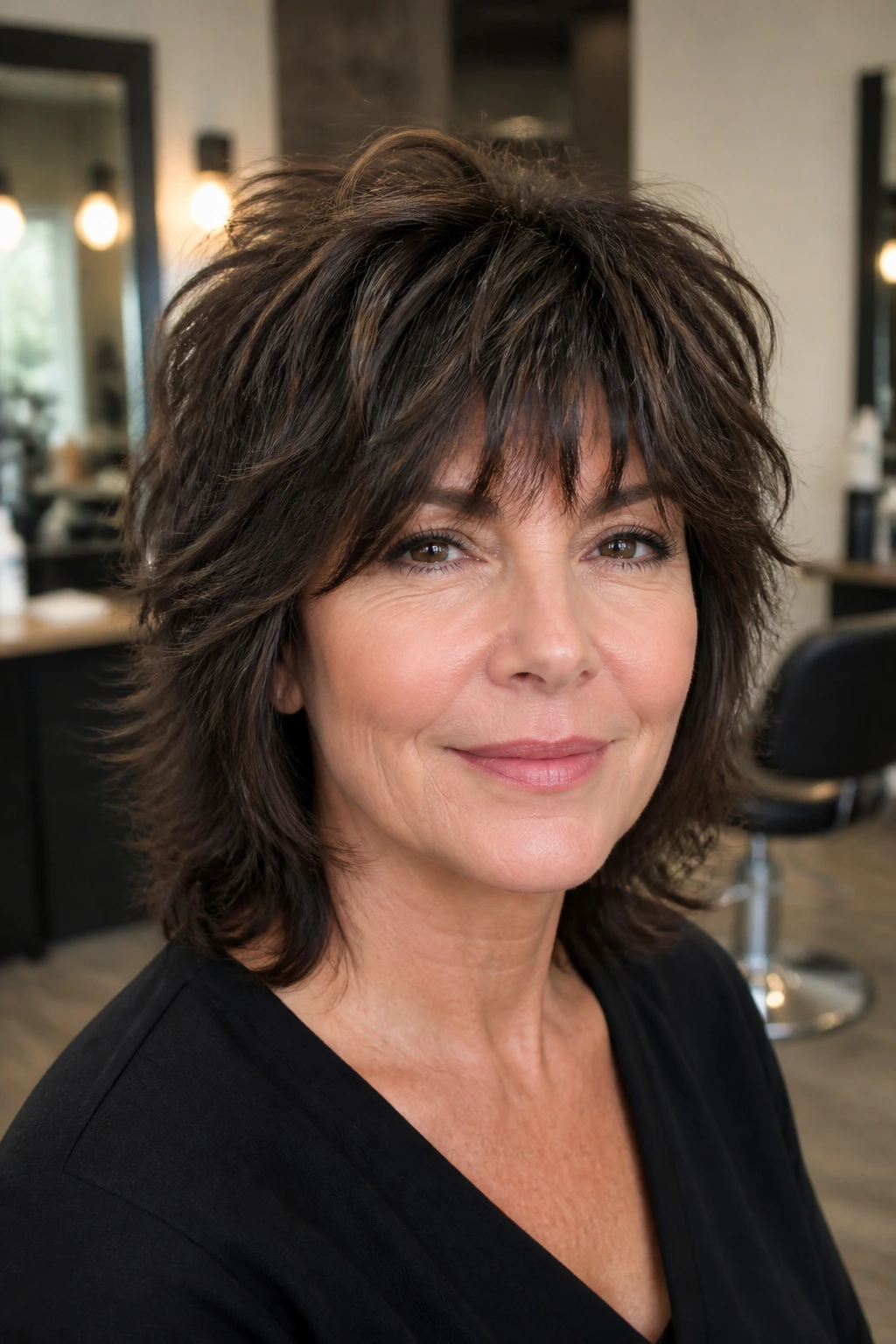 Real woman with thick hair debulked shag in a modern salon