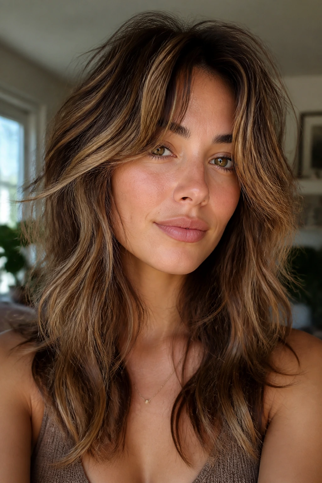 Portrait of a real woman with tousled shag layers and sunlit caramel pieces.