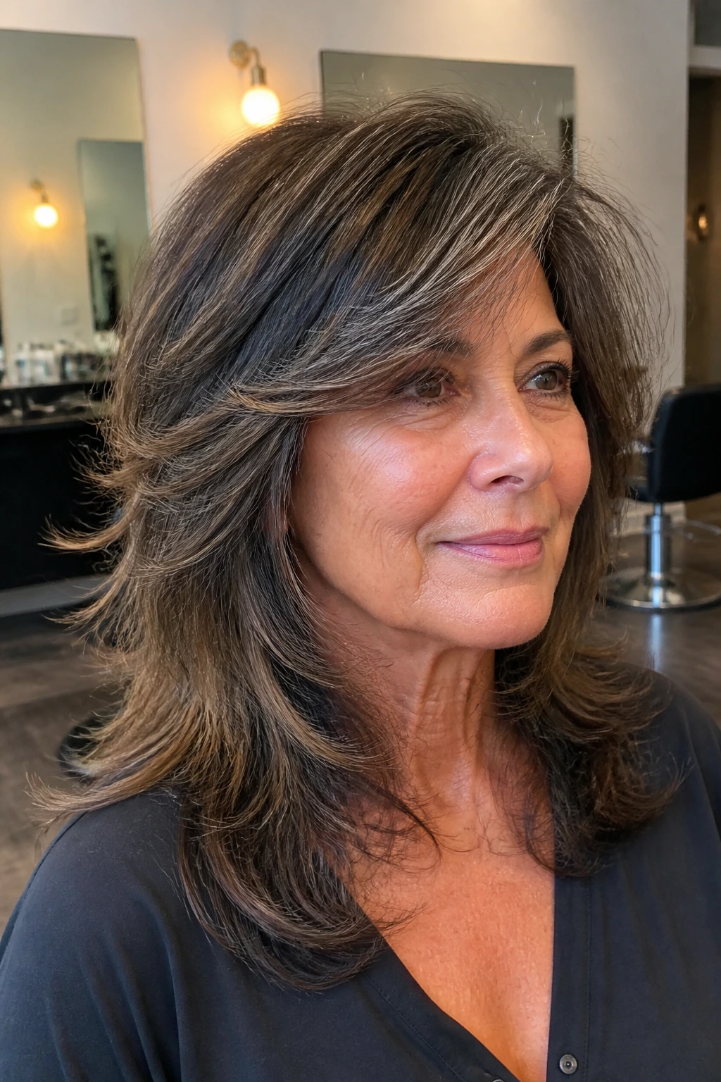 Portrait of a real woman with thick hair and internal layers shag