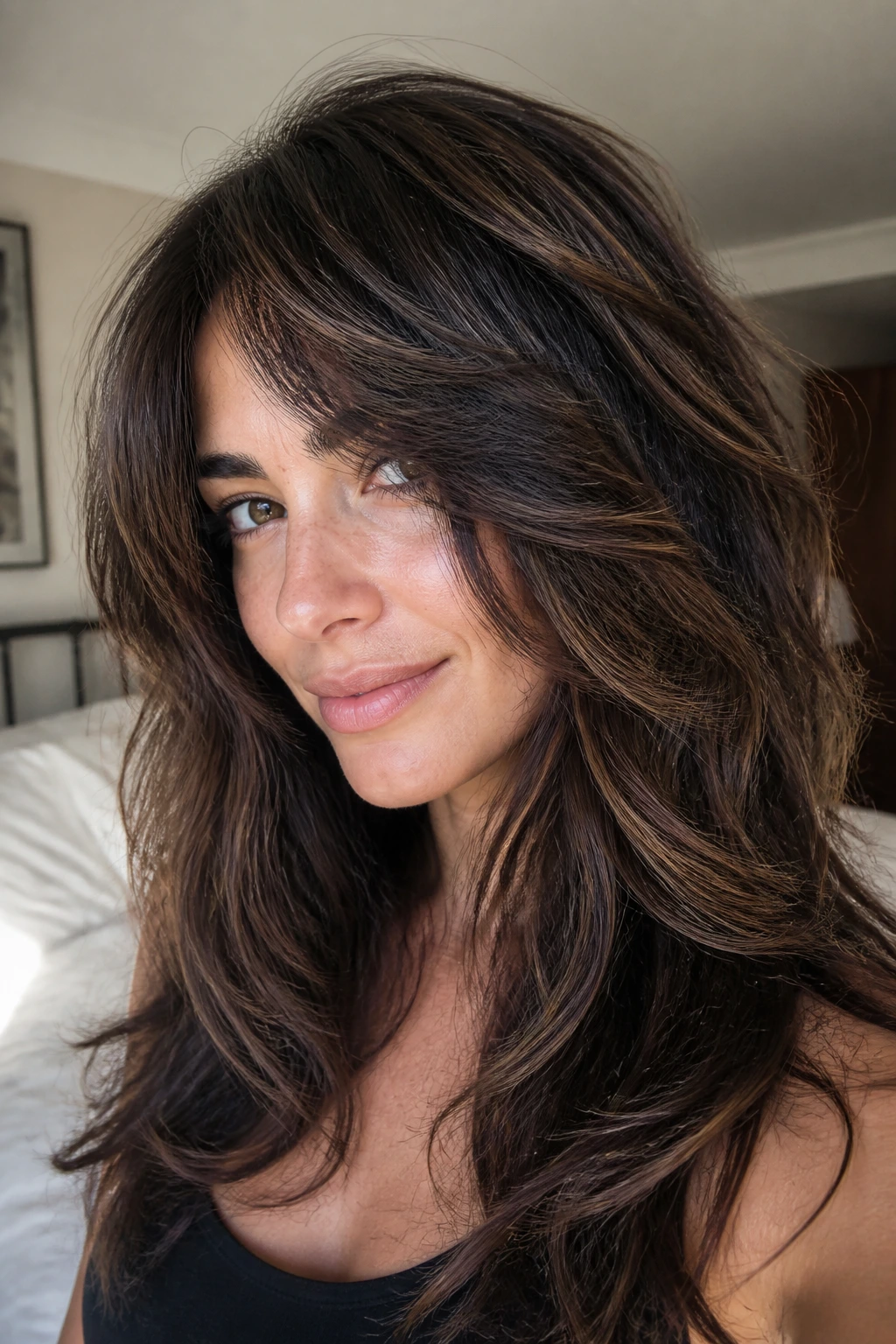 Close-up portrait of a woman with thick shaggy hair and subtle lowlights in natural window light.