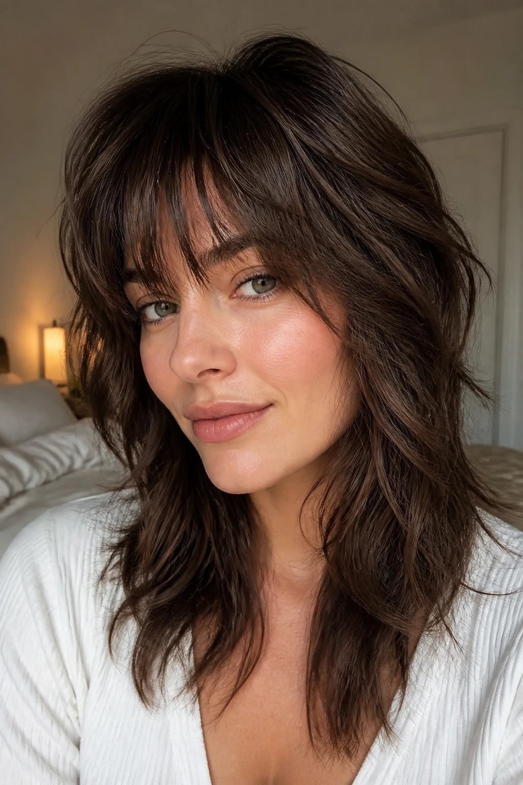 Close-up portrait of a real woman with Thick-Hair Shag and thinned bangs