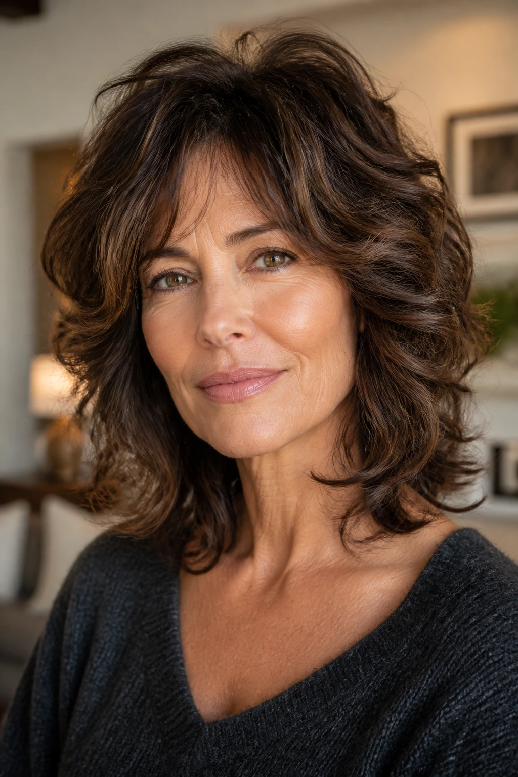 Close-up portrait of a real woman with Thick-Hair Shag and controlled volume.