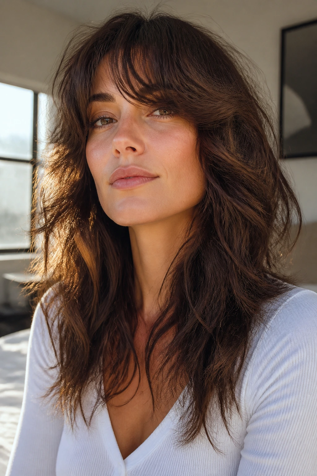 Close-up portrait of a real woman with thick wavy hair styled in a shag