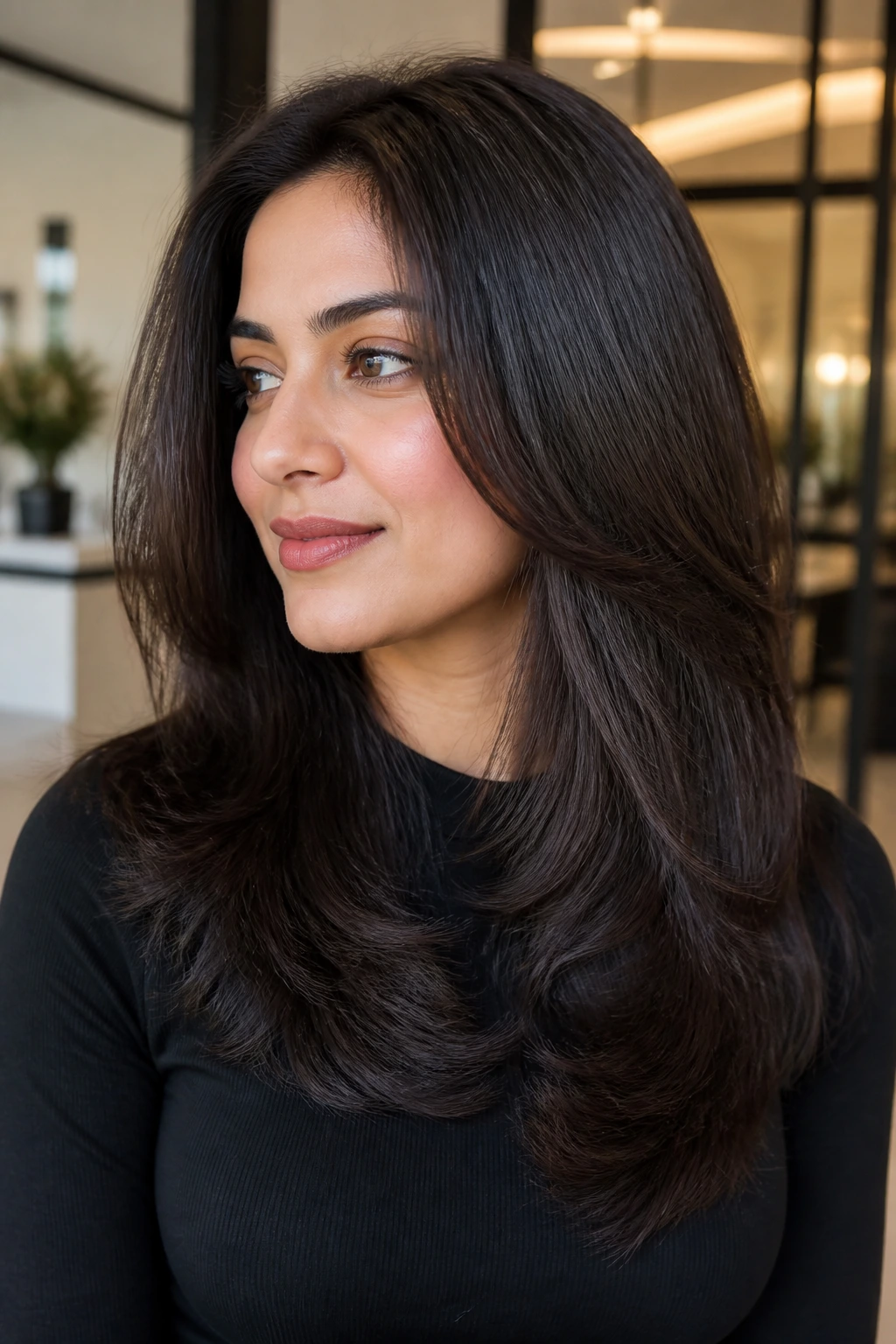 Close-up portrait of a real woman with thick-hair shape cut in a sleek interior