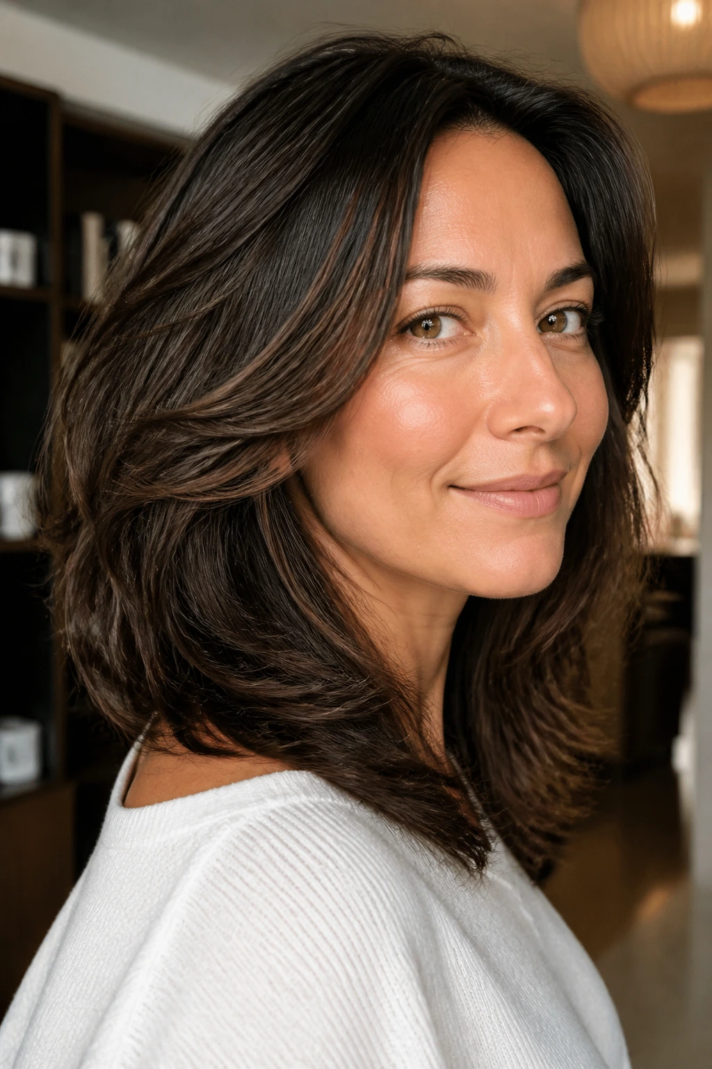 Close-up portrait of a real woman with a chic layered haircut showing density redistribution