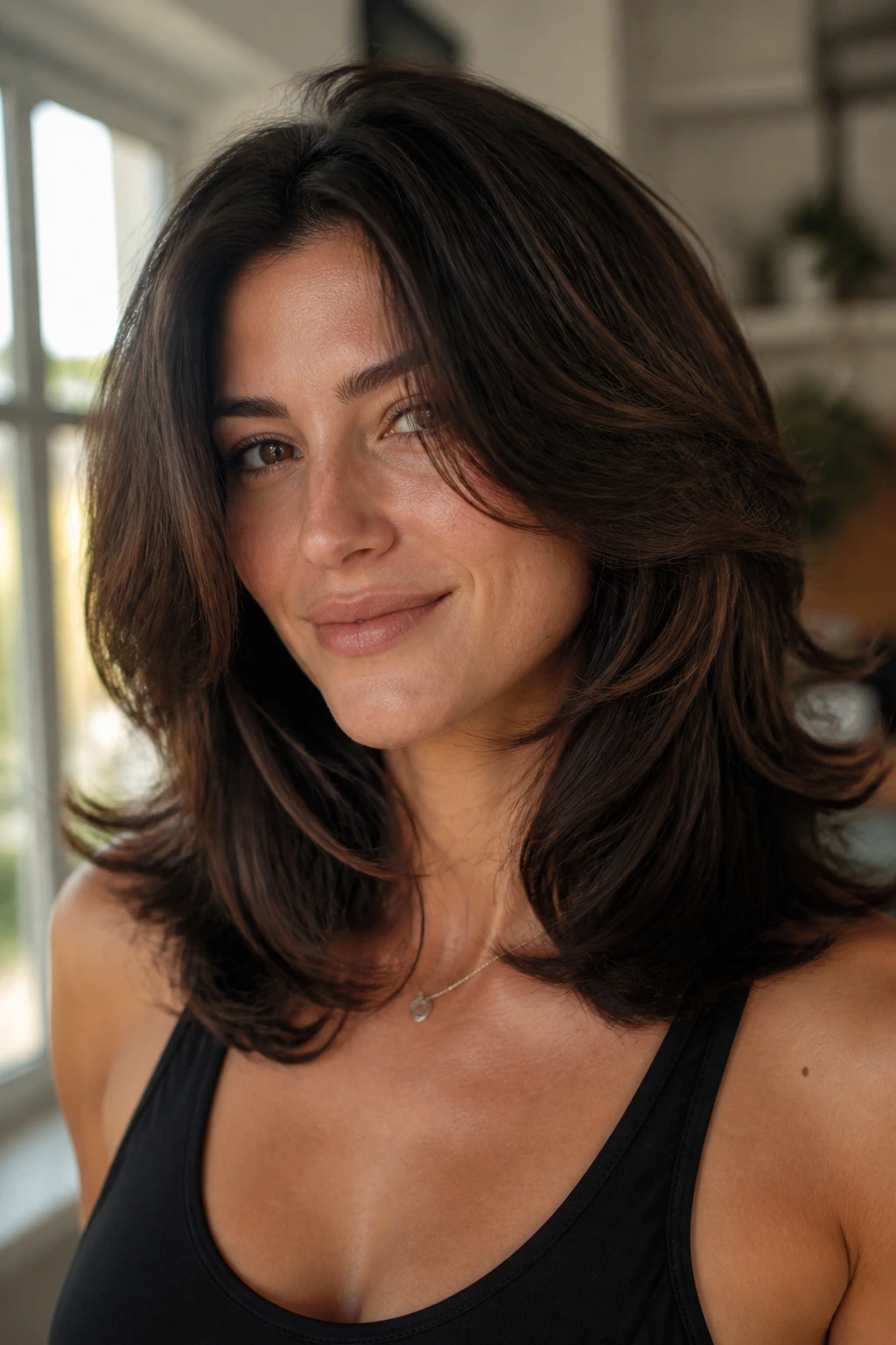 Close-up portrait of a real woman with thick hair showing a clear, wearable shape.