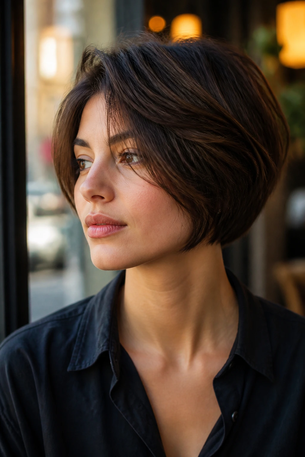 Portrait of a real woman showing the shape and perimeter of thick hair in warm cafe light