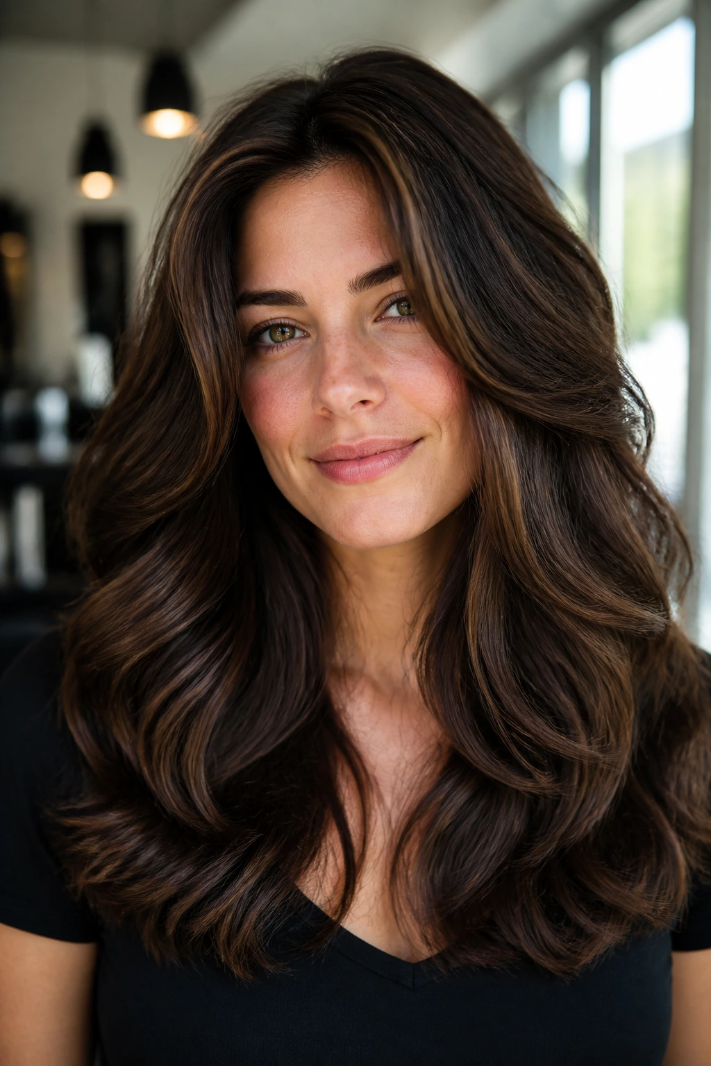 Close-up of a real person with thick hair showing interior layers and perimeter shape in a salon-like setting