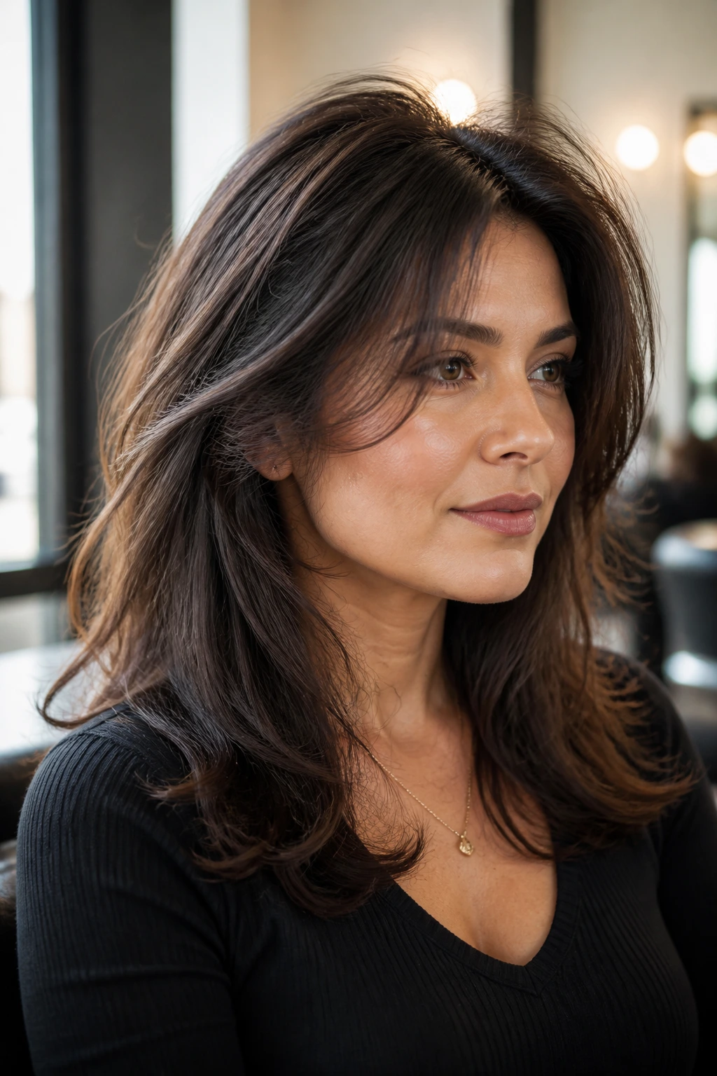 Portrait of real woman with thick hair styled for shape in a salon