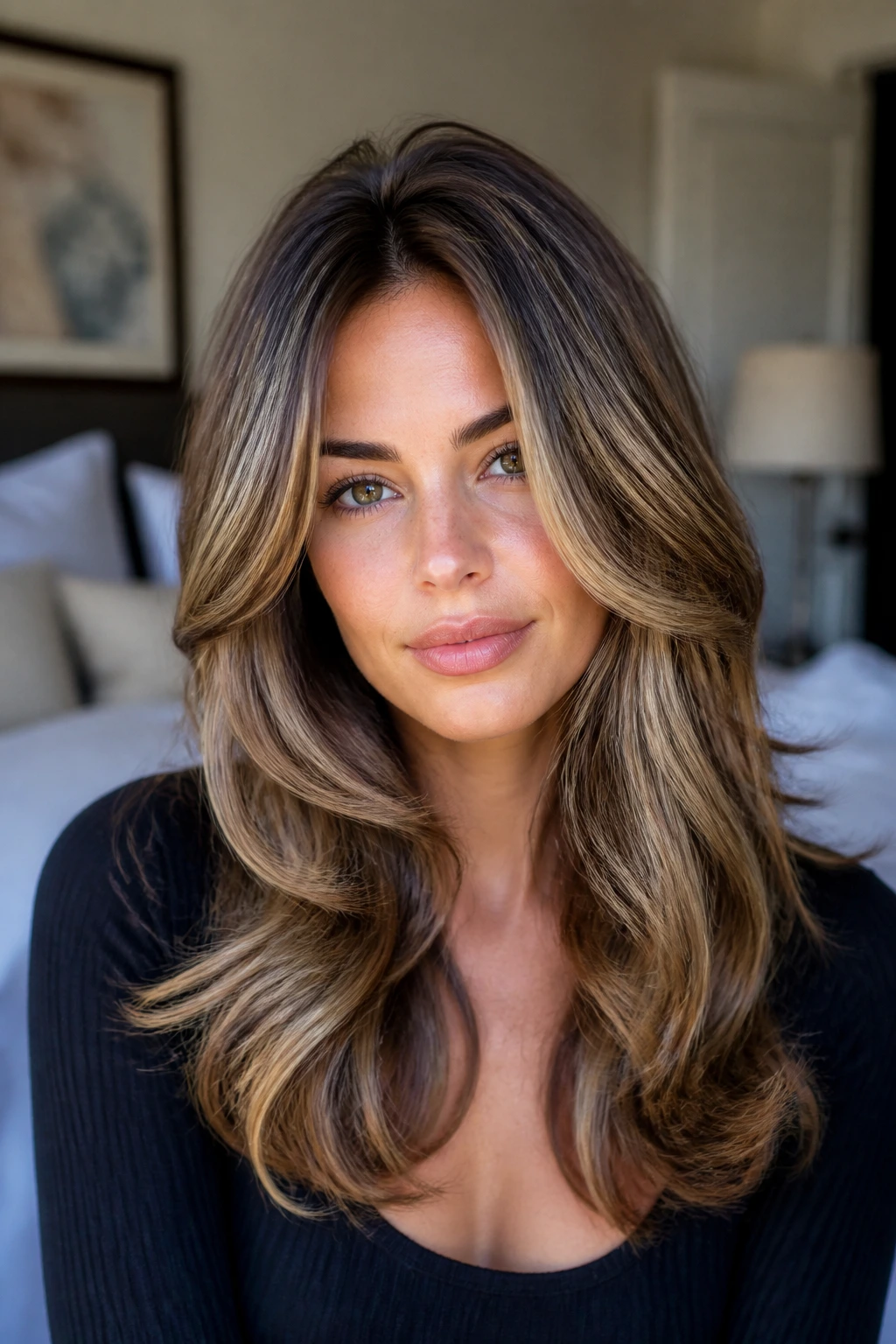 Close-up portrait of a real person with thick hair showing volume and soft babylights