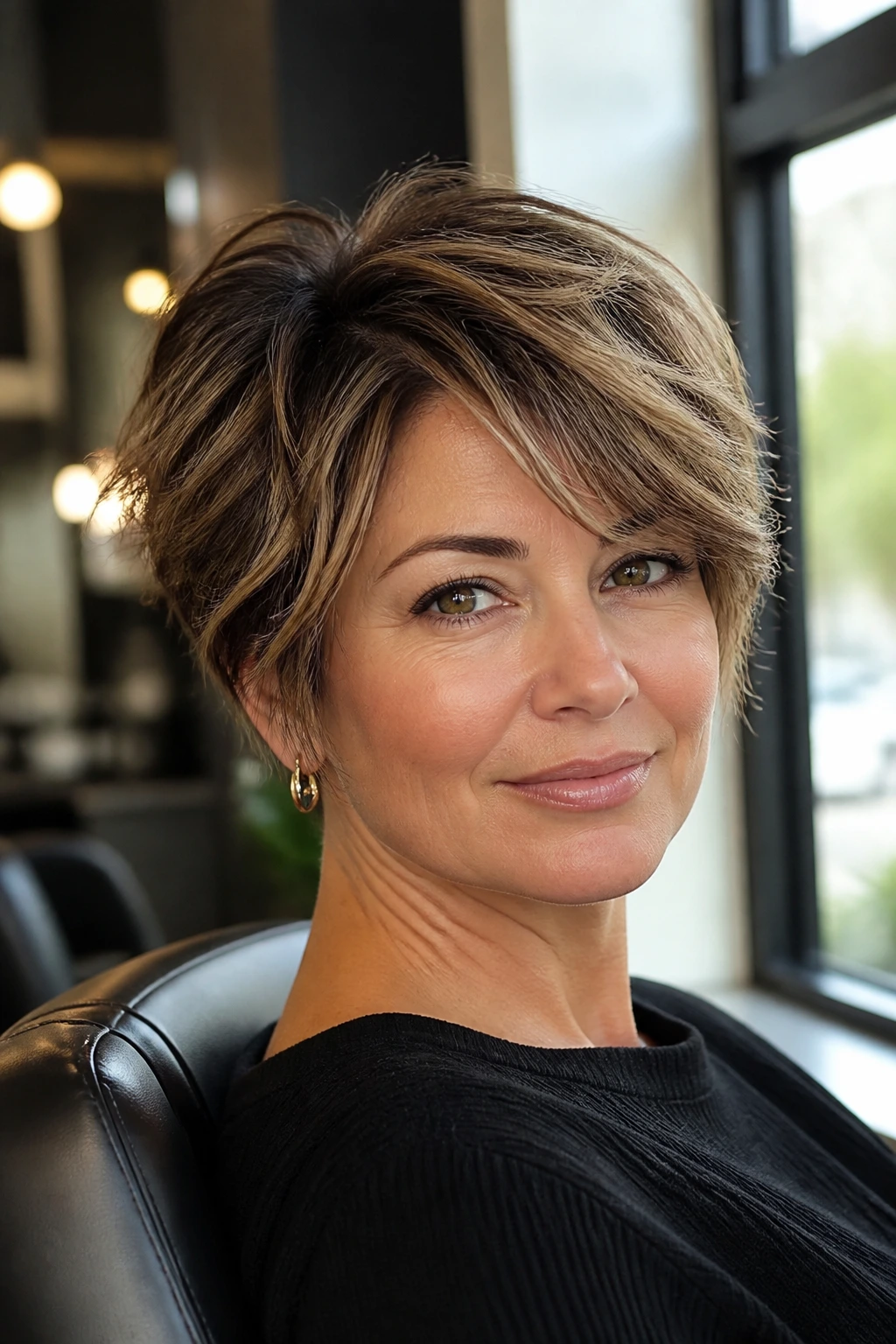 Close-up portrait of a real woman with a short thick layered cut in salon light
