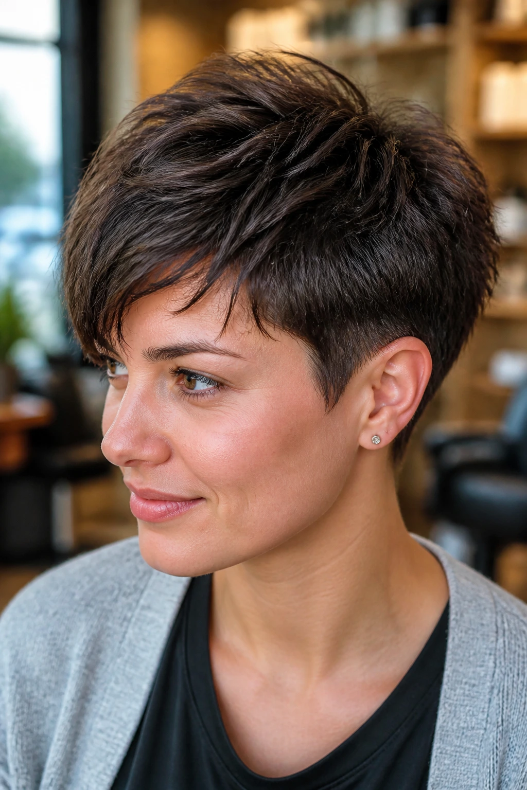 Close-up portrait of a person with thick short hair showing crown lift and controlled silhouette.