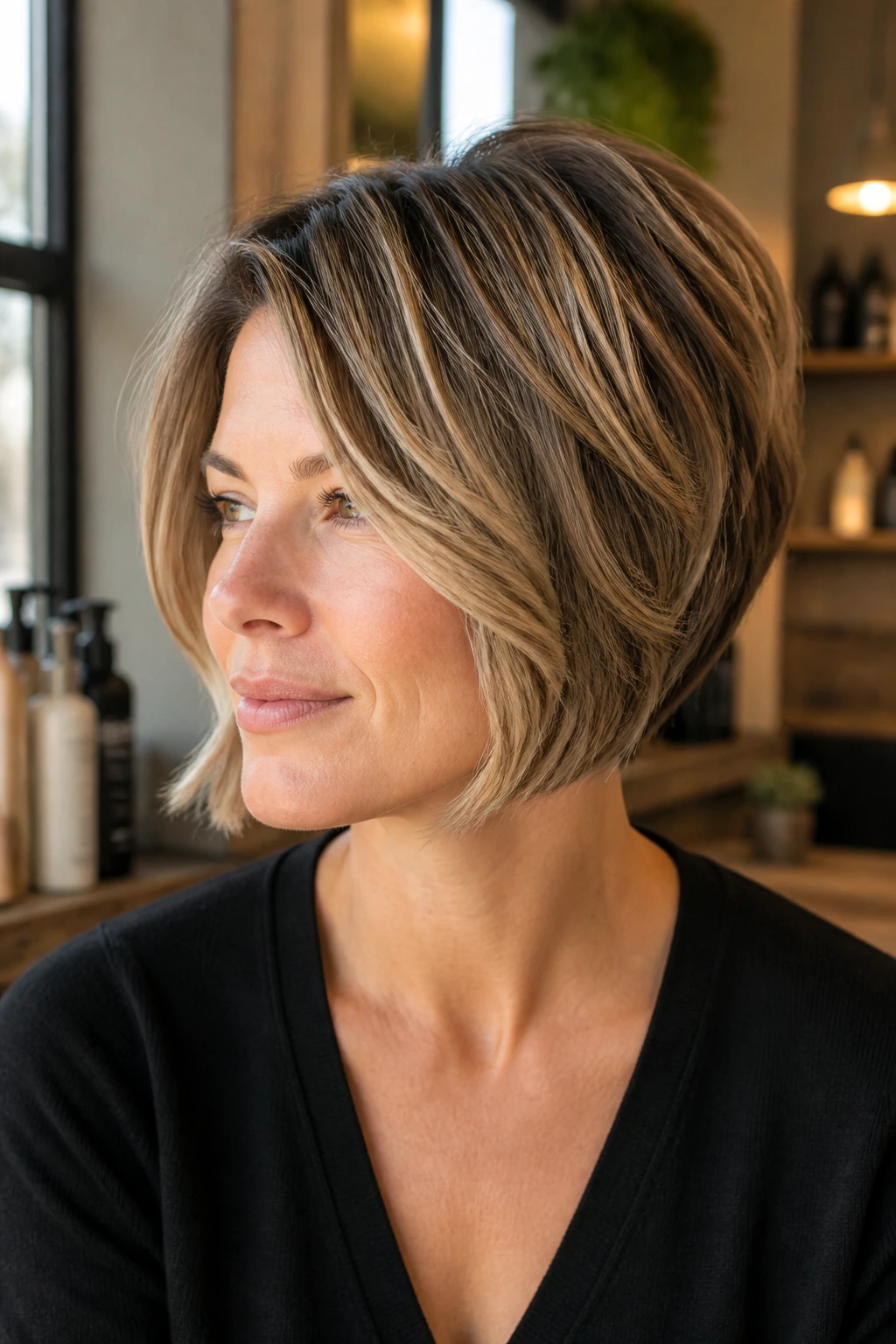 Close-up portrait of a real woman with a light-weight short haircut to reduce bulk in thick hair, natural window light.