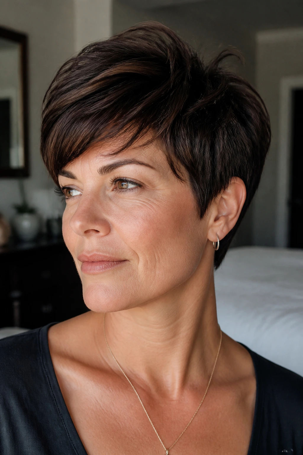 Close-up portrait of a real woman with thick short hair and a crisp silhouette in natural window light
