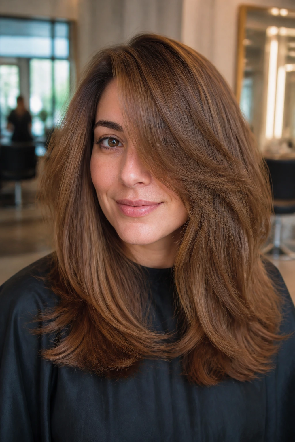Real person with side-swept bangs and long layers in thick hair at a salon