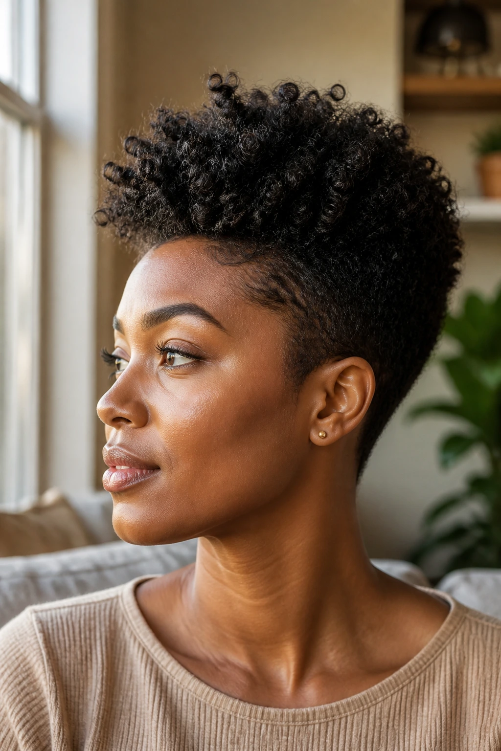 Close-up portrait of a real person with thick hair showing a strong crown silhouette