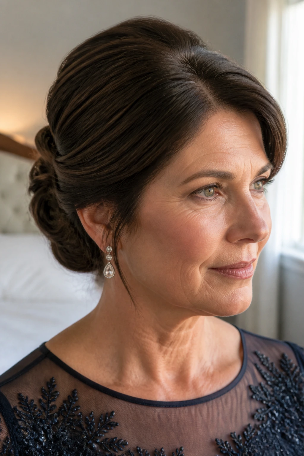 Close-up portrait of thick-haired woman with sleek, structured hairstyle in warm window light