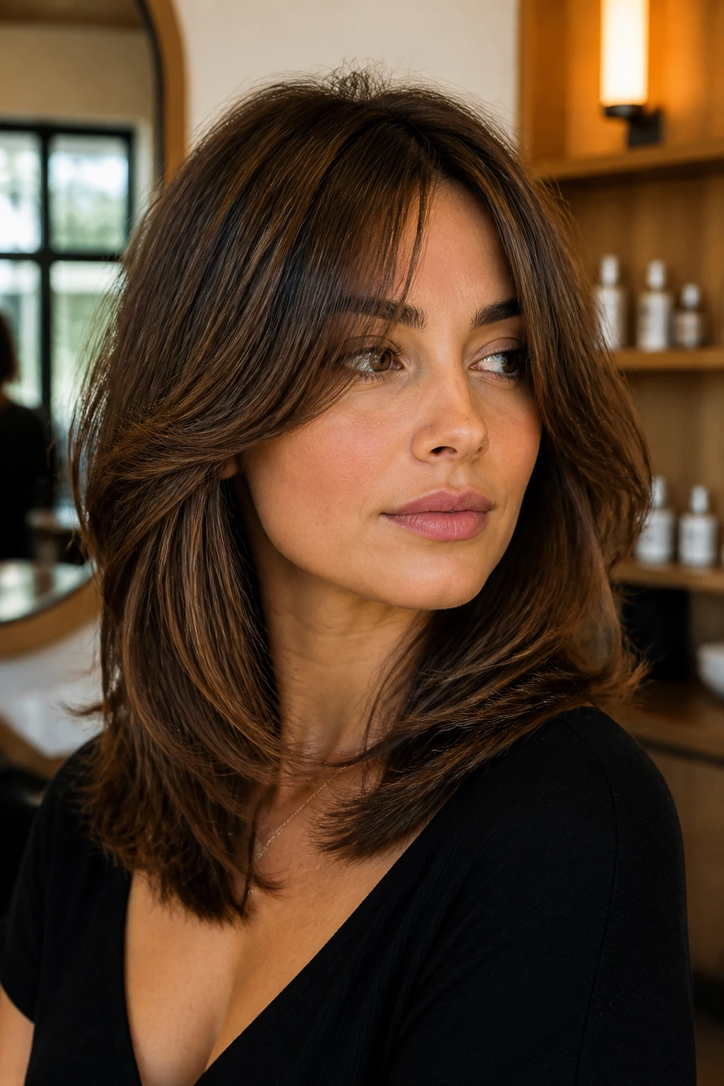 Close-up portrait of a real woman with a thick layered haircut that softens the jawline