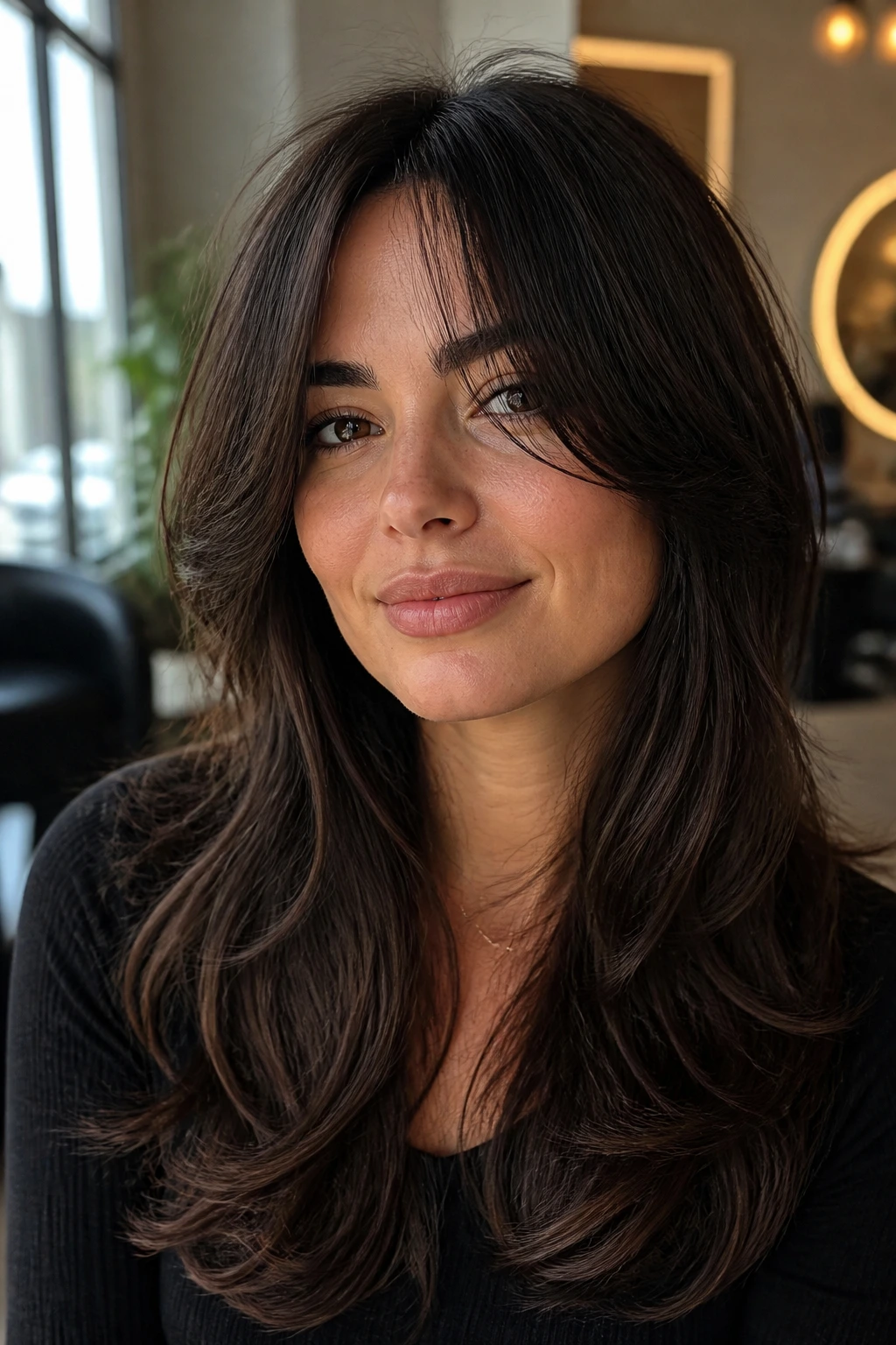 Close-up portrait of a real woman with thick hair and curtain bangs softly framing a square jaw in warm salon light