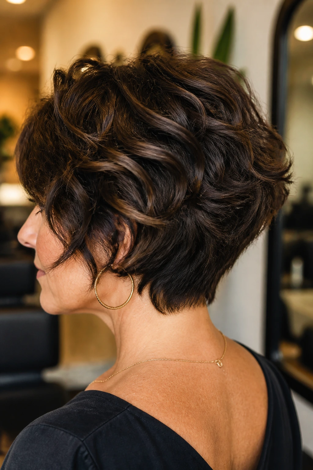 Close-up of a real woman with a weight-removed stack on thick wavy hair.